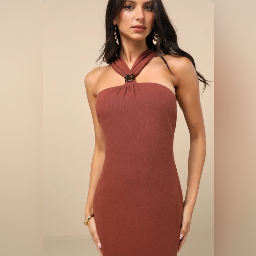 Lulus Calessia Rust Brown Linen Halter Neck Midi Dress - Picture 2 of 8
